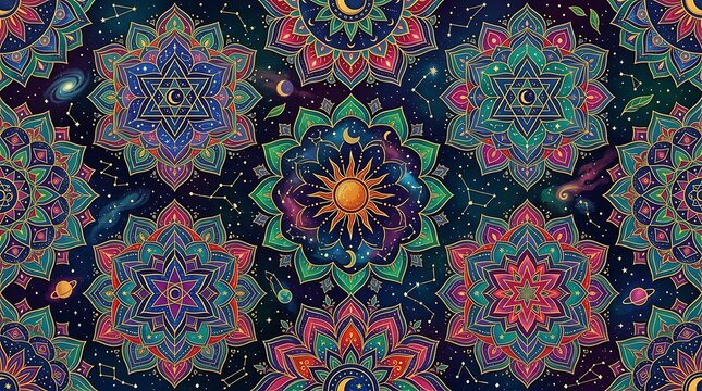 Celestial mandala seamless pattern with sun and moon