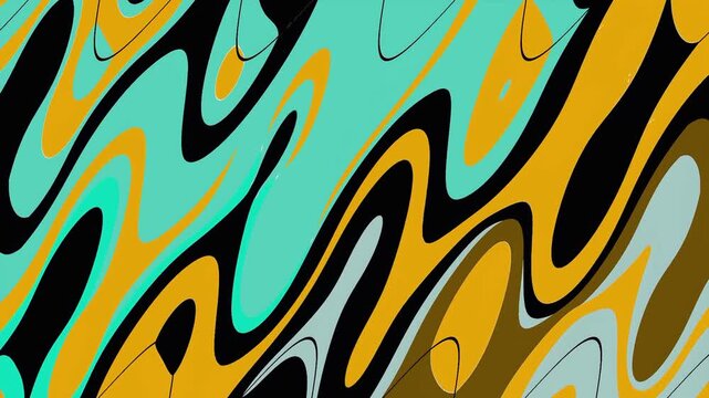 Abstract Yellow Teal Black Retro Groovy Liquid Swirl