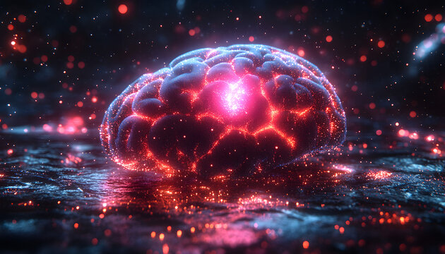Ultra Realistic 3D Render of Abstract Neon Brain with Detailed Light Flows, AI Technology and Futuristic Science Concept