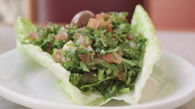 Close up of a delicious and healthy traditional middle eastern tabbouleh salad dish
