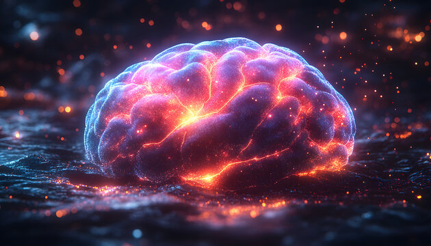 Ultra Realistic 3D Render of Abstract Neon Brain with Detailed Light Flows, AI Technology and Futuristic Science Concept