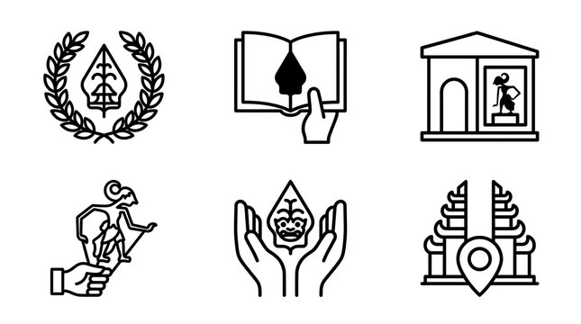 Indonesian Culture and Wayang Kulit Heritage Vector Icons Set