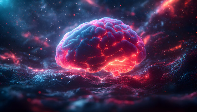 Ultra Realistic 3D Render of Abstract Neon Brain with Detailed Light Flows, AI Technology and Futuristic Science Concept