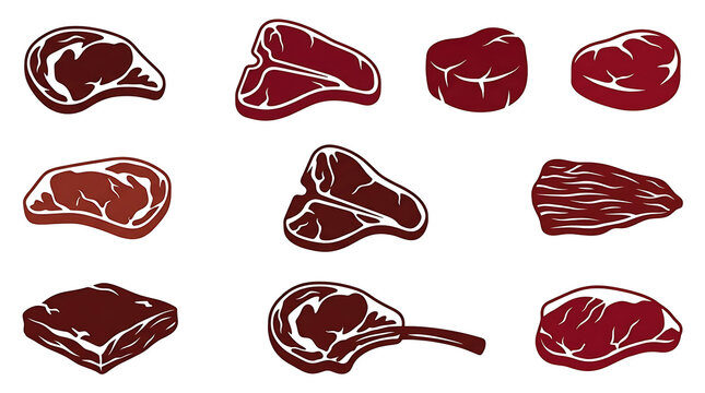Raw Meat Cuts Beef Steak and Ribs Flat Vector Icon Set Isolated on White Background