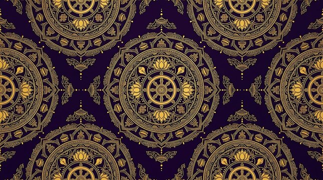 Ornate gold dharma wheel and lotus mandala pattern on purple