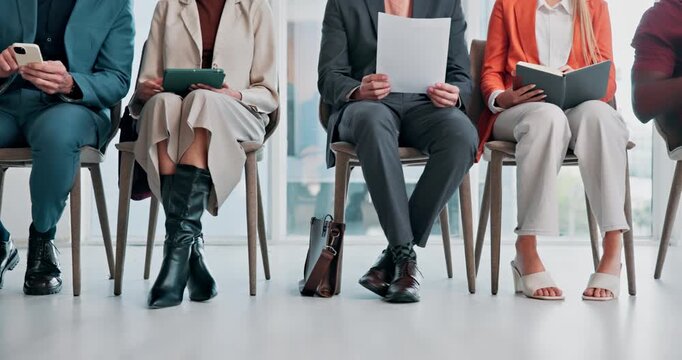 Legs, business and people in waiting room for job interview, application and resume for hiring. Feet, candidates and documents in workplace with tech, review cv and recruitment process for onboarding