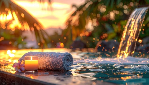 "Outdoor hot tub at sunset with candles and towels creating a tranquil atmosphere."