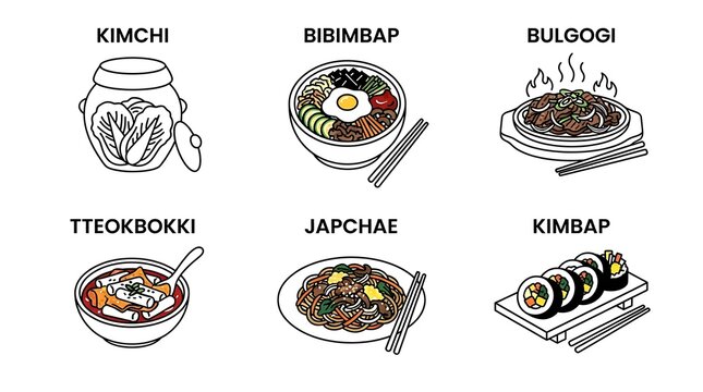 Korean Food Illustration Set with Kimchi Bibimbap and Bulgogi