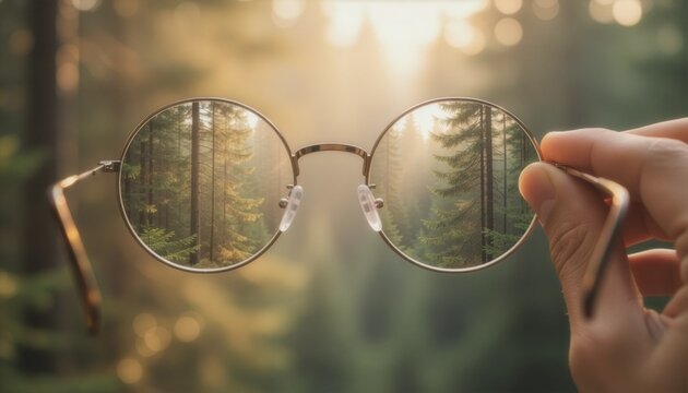 A hand holding round metal eyeglasses that bring a blurry, misty pine forest into sharp focus, representing clear vision, optometry, creative perspective, and eyesight correction