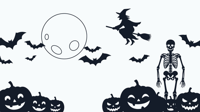 Witch rides a broomstick past a full moon while a skeleton stands among a group of grinning jack-o'-lantern pumpkins.