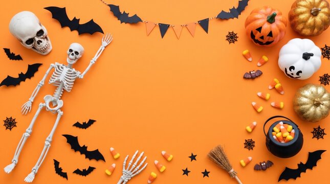 Halloween scene with skeletons, pumpkins, bats, candy corn, and spooky decorations on an orange background.