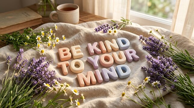 3D letters spelling Be Kind To Your Mind on soft cozy linen blanket with lavender flowers and sunshine