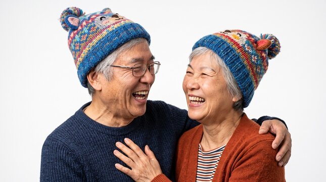 Joyful senior asian couple wearing colorful knitted beanies with animal ears laughing together while posing against a bright white background
