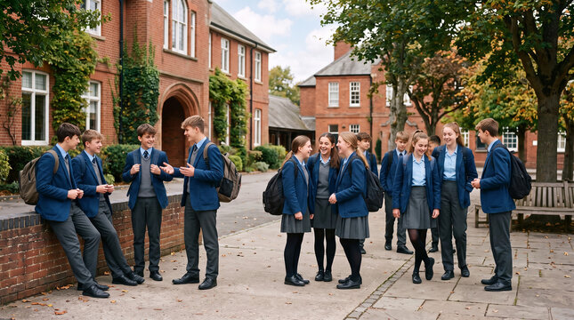Group Of Teenage Students In Uniform Outside School Buildings Bact to School 1st September
