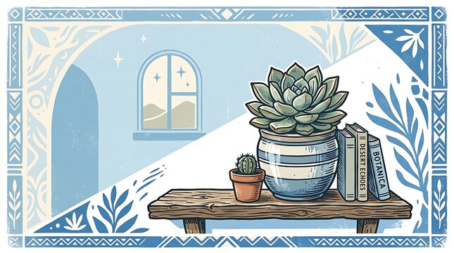 Potted succulents and books on a rustic shelf with ornate border