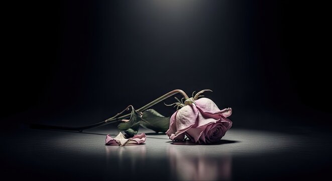 A single, dried pink rose rests on a dark surface, illuminated by a focused light. The rose&rsquo;s petals are withered and curled, suggesting decay and loss.