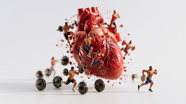 3D render illustration of anatomical heart surrounded by tiny figures exercising running and lifting weights, bright clean studio background, heart health concept, fitness