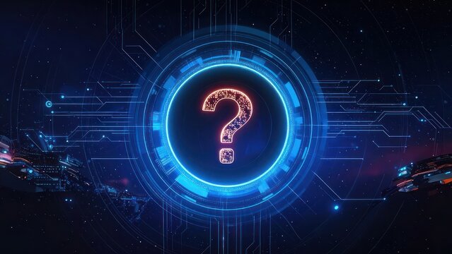 Neon question mark icon on digital circuit interface.