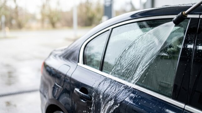Abundant water flow from high pressure nozzle rinsing side window of dark blue sedan at self service car wash facility area.