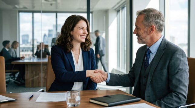 A smiling woman and a man shake hands at a wooden table in a modern office. They are engaged in a business discussion, likely finalizing a deal.