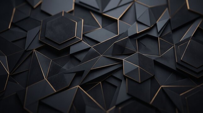 Abstract dark geometric background with gold edges and sharp angles.