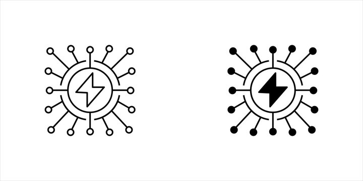 Outline icon of an electric power symbol surrounded by connected network nodes. Suitable for smart grid, energy distribution, IoT, renewable power, digital infrastructure, and connected technology con