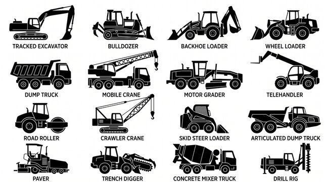 Heavy construction vehicles and machinery black vector silhouette icon set isolated on white background for industrial building project graphic element illustration design banner