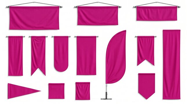 Pink banner mockup set vector illustration with realistic hanging cloth pennants feather flag blank templates isolated on white background for advertisement promo design