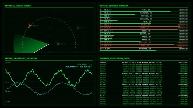 Tactical Radar Network Threat Monitoring Hacking Animation.