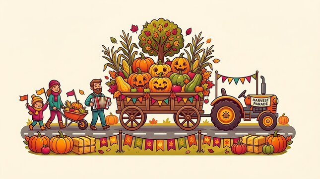 Festive autumn harvest parade with tractor and carved pumpkins