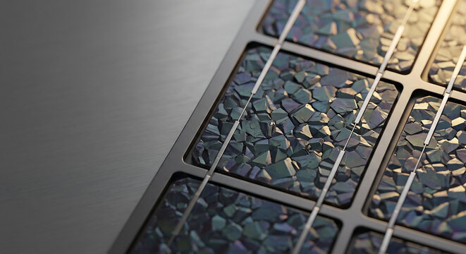 Solar panel texture close up, polycrystalline photovoltaic cells with crystalline structure, renewable energy technology background