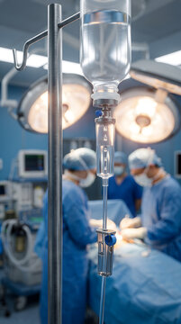 Intravenous drip bottle with liquid droplets in foreground during surgery with surgeons working on blurred background in theater.