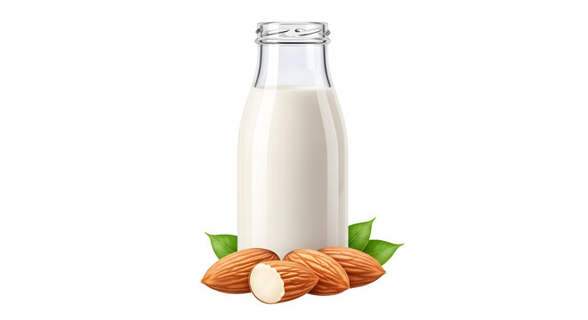 Glass bottle of fresh almond milk with organic raw almonds and green leaves