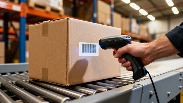 A warehouse worker scans a barcode on a cardboard box moving along a metal roller conveyor system.