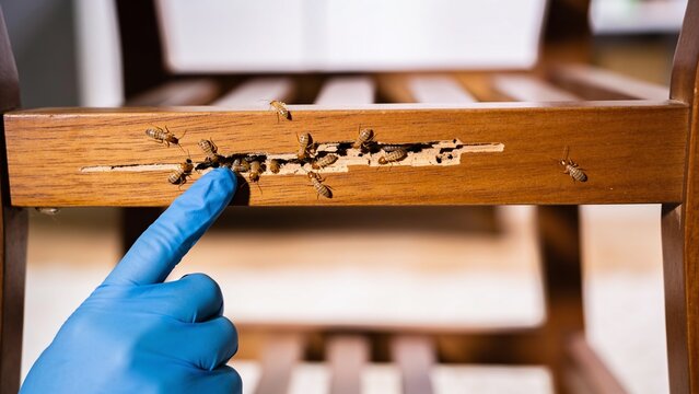 A gloved finger points toward a wooden chair damaged by a colony of termites infesting the grain.
