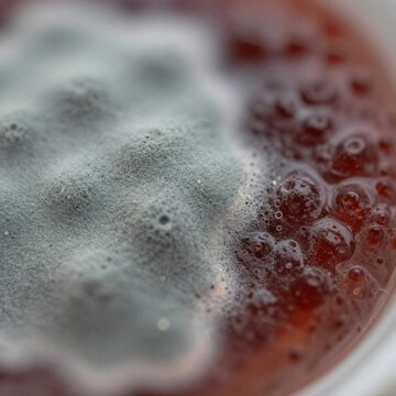 Close-up of mold growing on strawberry jam with visible bubbles and texture
