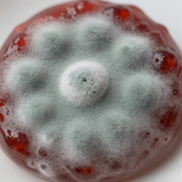 Close-up of fuzzy green mold growing on a surface of red strawberry jam