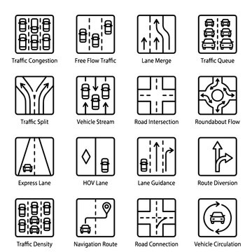 Sixteen traffic flow and road navigation featuring congestion, lane merging, intersections, roundabouts, and vehicle circulation signs