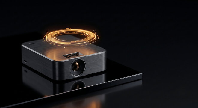 Futuristic smart projector with glowing hologram interface, portable mini projector on black surface, high tech digital projection device
