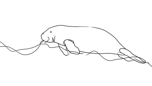 Minimalist line art manatee illustration white background.