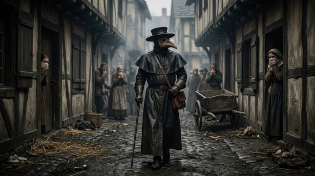 Yersinia Pestis plague: historic epidemic, medieval doctor, sick villager, fatal contagion, gloomy street, fearful person, leather mask, dark coat, wooden cart, somber mood, ancient town.