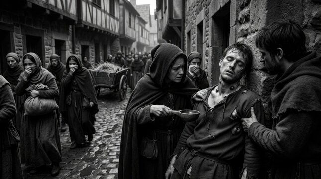 Bacterial contagion victim: Plague sufferer, Yersinia Pestis, bubo symptom, medieval street, black death, historic tragedy, helper comfort, gloom atmosphere, spread fear.