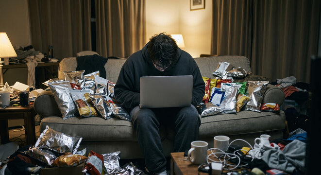 Man looking at laptop on messy couch surrounded by junk food