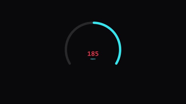 Digital speedometer gauge display showing 185 kmh speed on animation 4k black background, dashboard