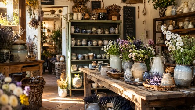 Rustic artisan shop with ceramics and flowers