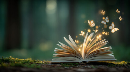 Open magical fantasy book with glowing butterflies flying out into a dark enchanted forest © Sabana