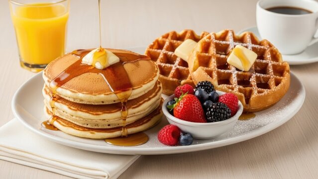 Delicious breakfast plate with pancakes, waffles and fresh berries.