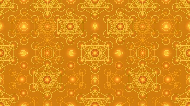 Sacred geometry pattern with glowing metatrons cube and gold lines