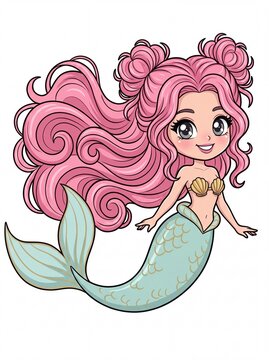Mermaid Character Illustration with Pink Hair and Turquoise Tail