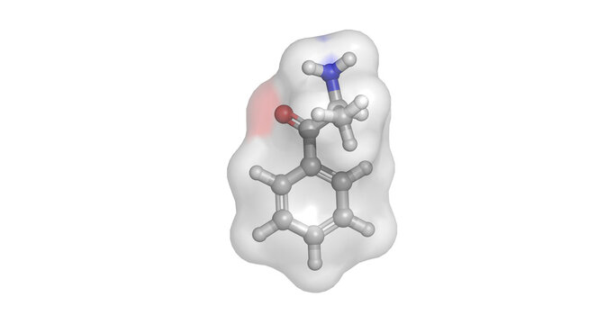 Cathinone, natural khat leaf stimulant with amphetamine-like brain activity, 3D molecule 4K